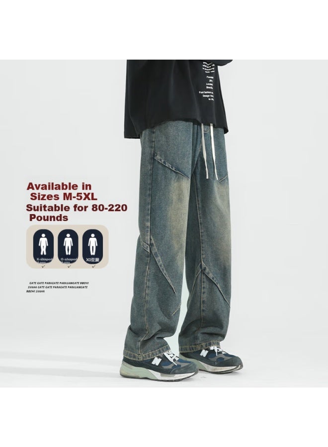 Dingfengbaoluo American High Street Men's Jeans Spring And Summer Season Niche Casual Retro Loose Straight Wide Leg Pants 9328 Blue XL - Image 2