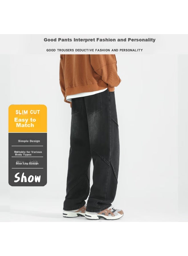 Dingfengbaoluo American High Street Men's Jeans Spring And Summer Season Niche Casual Retro Loose Straight Wide Leg Pants 9328 Blue XL - Image 4