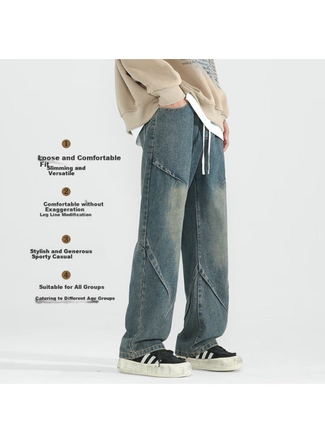 Dingfengbaoluo American High Street Men's Jeans Spring And Summer Season Niche Casual Retro Loose Straight Wide Leg Pants 9328 Blue XL - Image 5