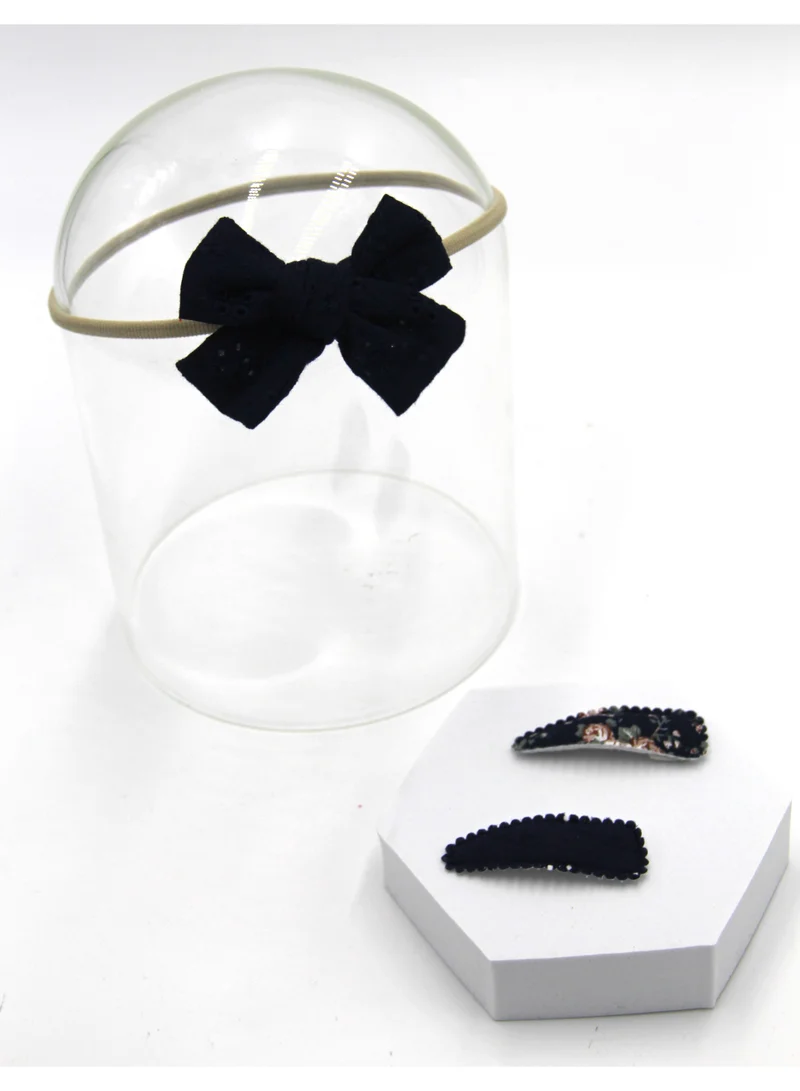 D'Daniela Jana Ribbon Bow Clip Set with Ponytail For Babies and Girls - Navy Blue