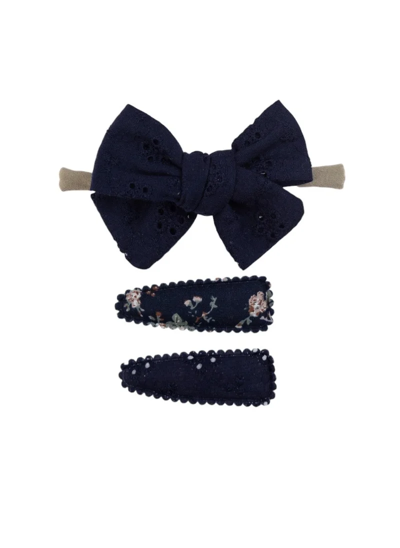 دىدانيالا Jana Ribbon Bow Clip Set with Ponytail For Babies and Girls - Navy Blue