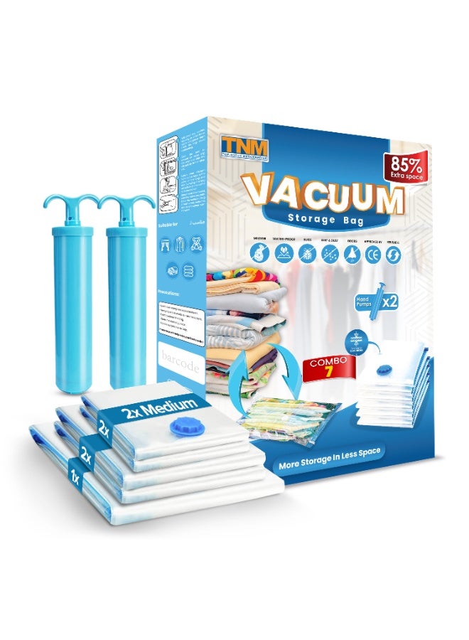تنم أكياس تخزين مفرغة قابلة لإعادة الاستخدام - عبوة من 7 أكياس موفرة للمساحة (واحدة كبيرة، اثنتان متوسطتان، اثنتان صغيرتان) مع مضختين يدويتين | أكياس ضغط للملابس | حقائب تخزين للسفر | أكياس مانعة للتسرب | حقيبة تخزين قابلة لإعادة الاستخدام - Image 1