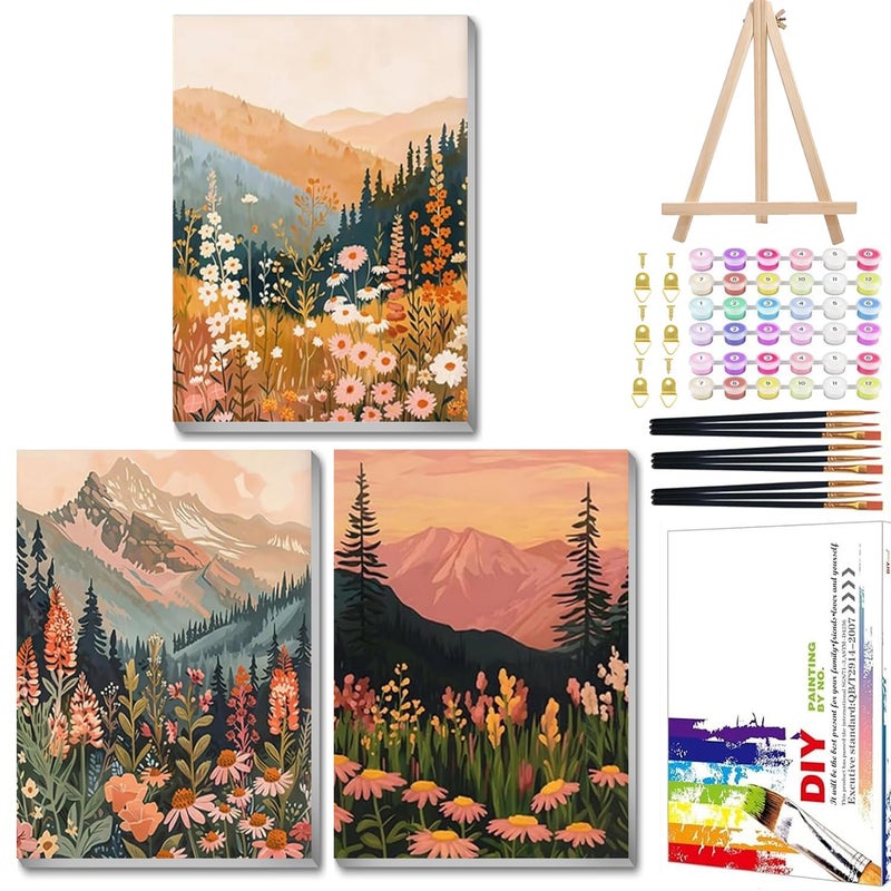 Mandun 3 Pack Landscape Paint by Numbers Kit for Adults with Frame, Wildflowers Paint by Numbers, Landscape Adult Gift Craft Kits 7.8x11.8Inch with Frame and Easel - Image 1