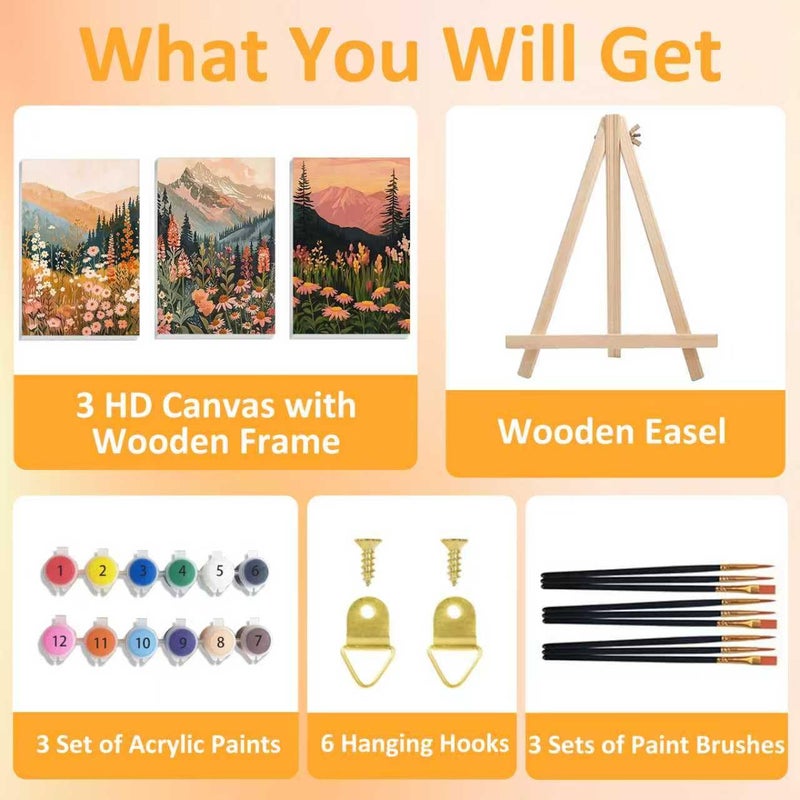 Mandun 3 Pack Landscape Paint by Numbers Kit for Adults with Frame, Wildflowers Paint by Numbers, Landscape Adult Gift Craft Kits 7.8x11.8Inch with Frame and Easel - Image 4