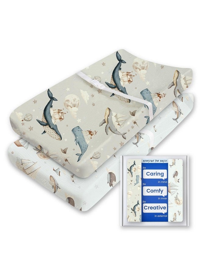TotBasic Premium Soft Boho Changing Pad Covers for Girls & Boys - Stretchy Jersey Sheets - Fits Standard Changing Tables - 2 Pack (Whale Dreams) - Image 1