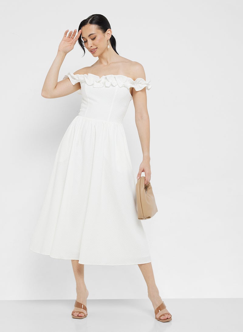 Little Mistress Ruffled Bardot Midi Dress  - Image 1