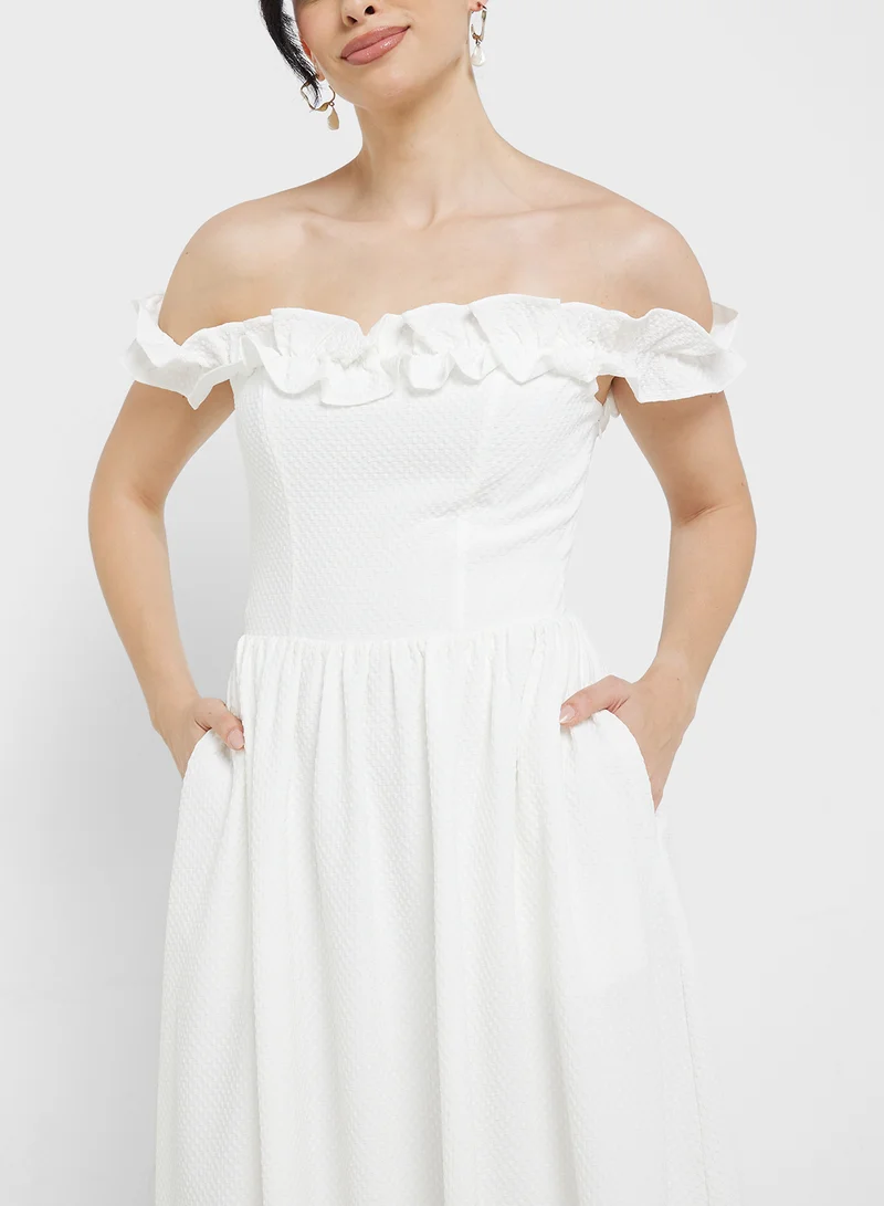 Little Mistress Ruffled Bardot Midi Dress