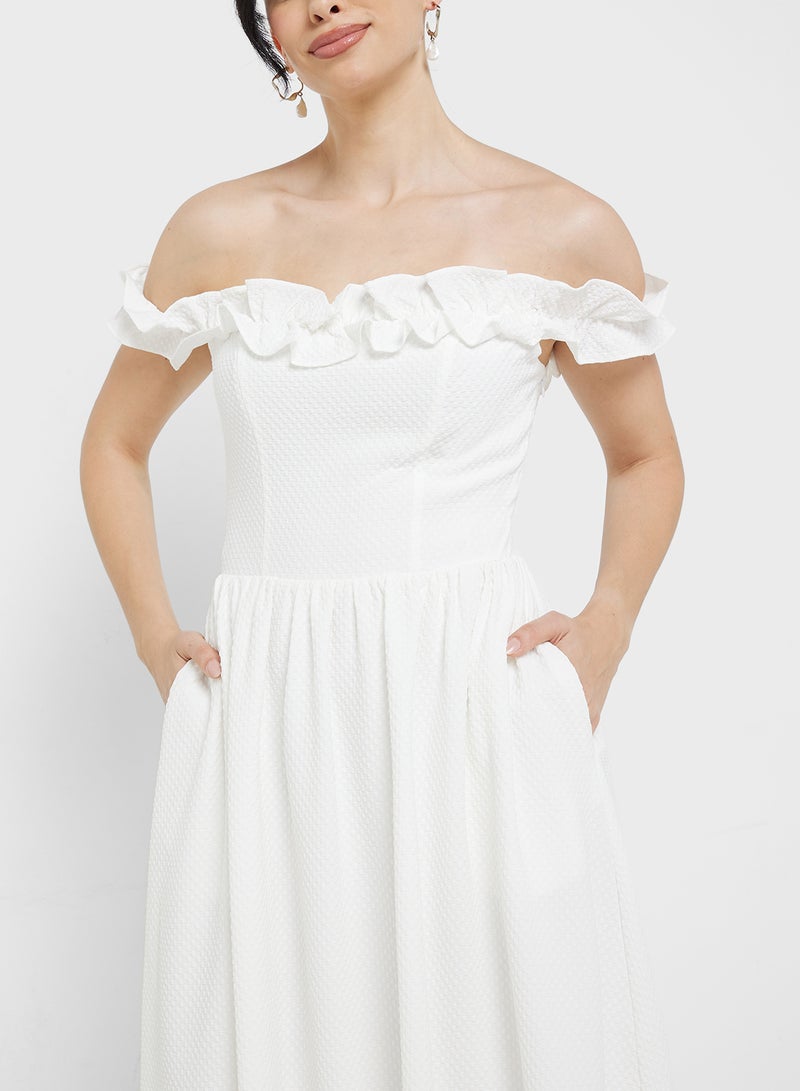 Little Mistress Ruffled Bardot Midi Dress  - Image 3