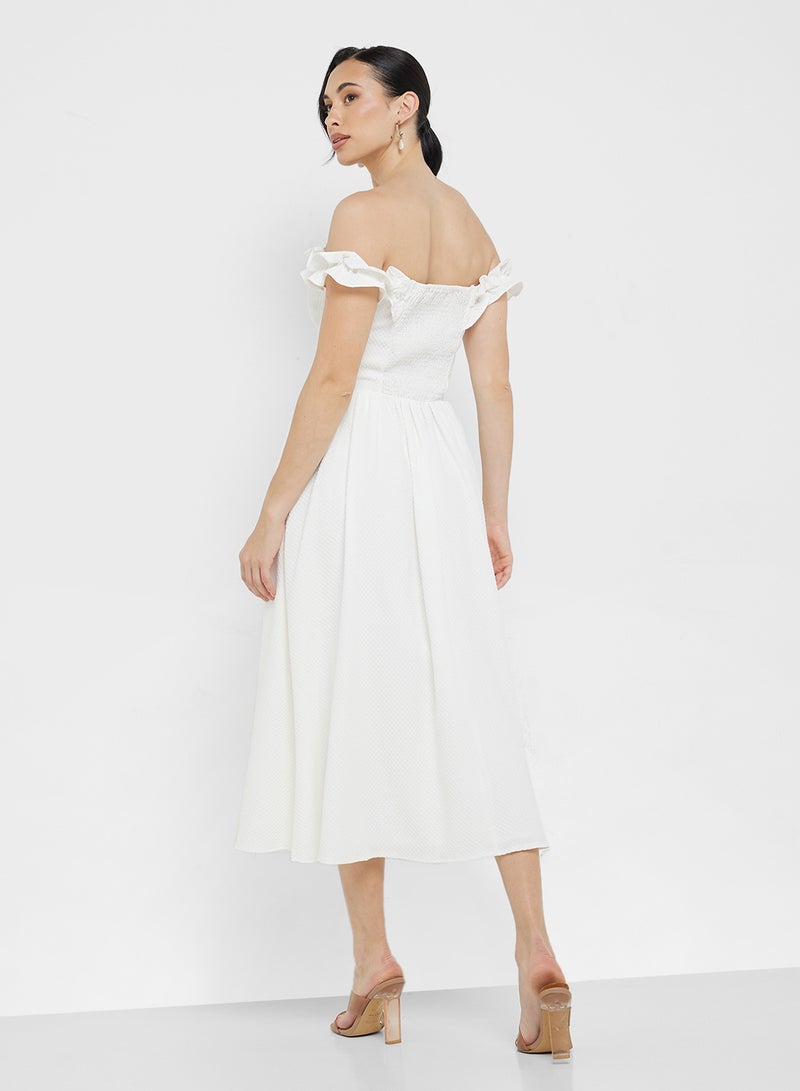 Little Mistress Ruffled Bardot Midi Dress  - Image 2