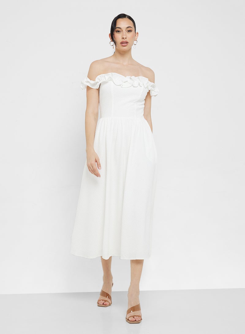 Little Mistress Ruffled Bardot Midi Dress  - Image 4