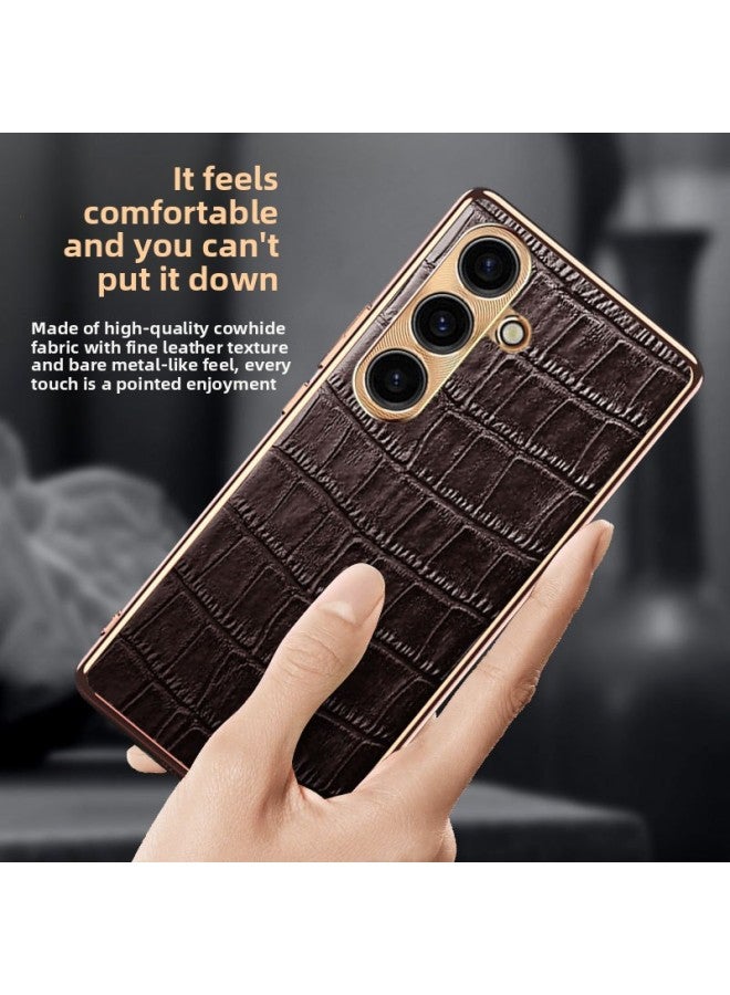 Genuine Leather Crocodile Pattern For Samsung S25 Series Phone Case 22 Protective Cover 24 All-inclusive Drop-resistant 23 Ultra-Color:[Brown] Light Texture★Leather Crocodile Embossed-Applicable Model:Samsung Galaxy S25 Ultra