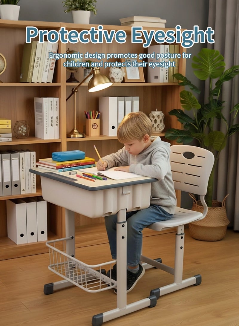 بيت الشاي مجموعة مكتب دراسة وكرسي للأطفال بارتفاع قابل للتعديل، طاولة كتابة متعددة الوظائف للطلاب في المدرسة للأطفال، طاولة دراسة وكراسي للأولاد والبنات مع درج تخزين - Image 3