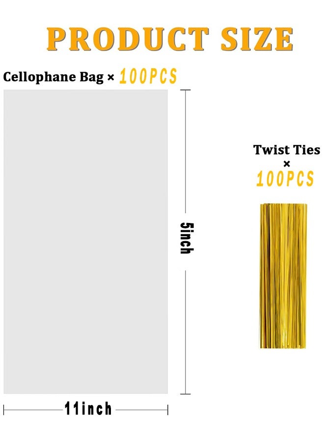 HS 100 عبوة من أكياس السيلوفان البلاستيكية الشفافة مقاس 12.7 سم × 27.94 سم مع أربطة ملفوفة 10.16 سم لأكياس الحلوى وأكياس البسكويت وحقائب المكافآت وتغليف الهدايا والديكورات وتخزين الطعام - Image 2