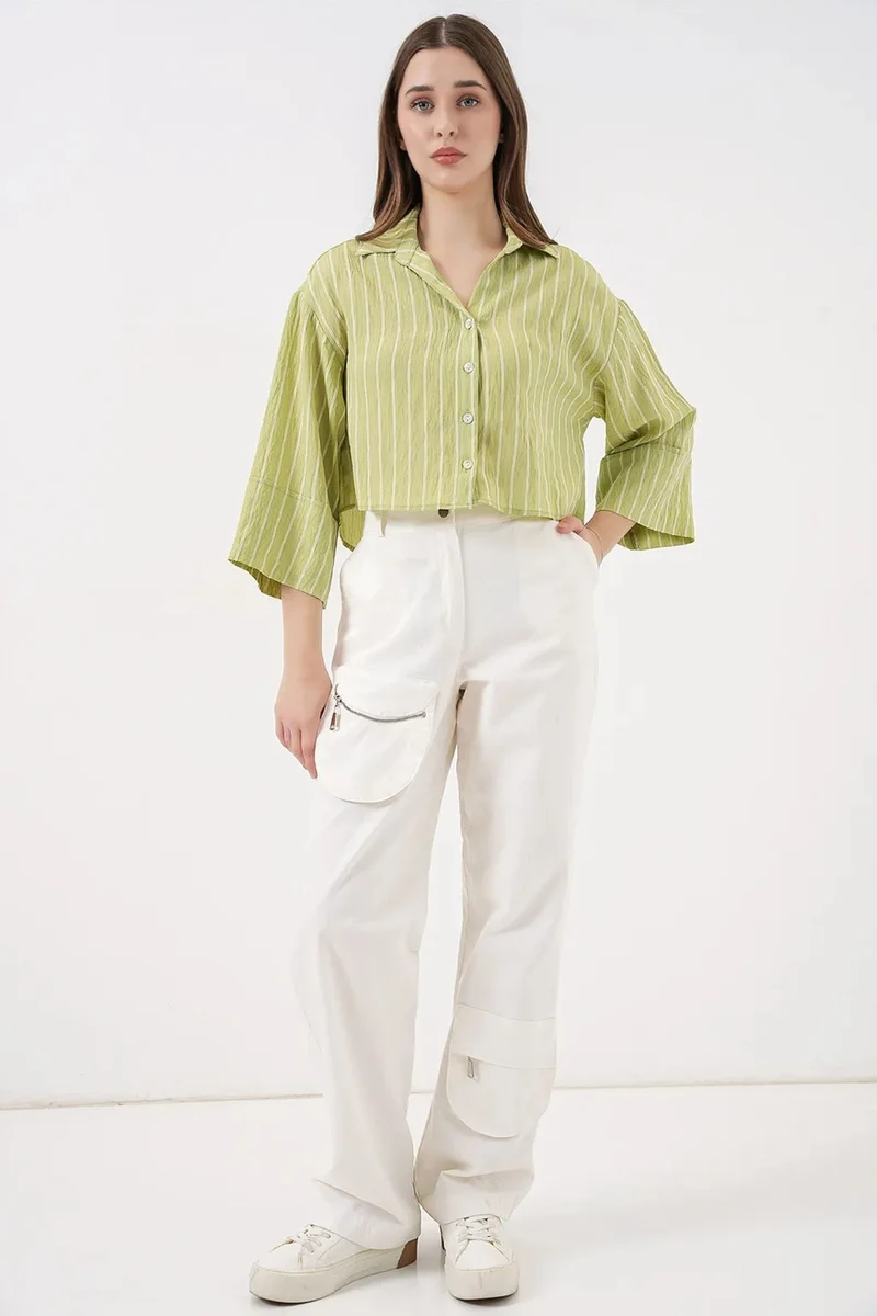 بيغ دارت BDART Oversized Striped Cropped Shirt with Button Closure