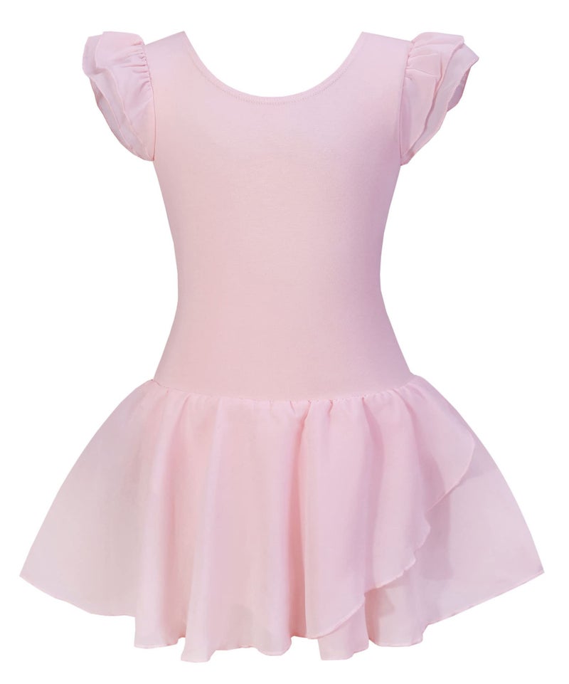 *daisysboutique* Girls Ballet Skirted Dress Ballerina Costume Ruffle Sleeve Tutu Dance Outfit Leotard (6-7 Years, Ballet Pink) - Image 1