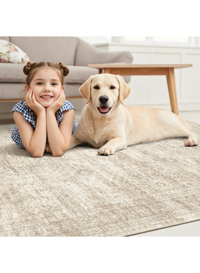 Soalmost 12x15 Washable Area Rug Beige Neutral Abstract Living Room Large Carpet Non Slip Bedroom Indoor Office Dining Room Low Pile Thin Rug - Image 3