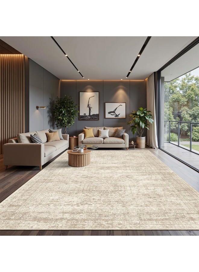 Soalmost 12x15 Washable Area Rug Beige Neutral Abstract Living Room Large Carpet Non Slip Bedroom Indoor Office Dining Room Low Pile Thin Rug - Image 2