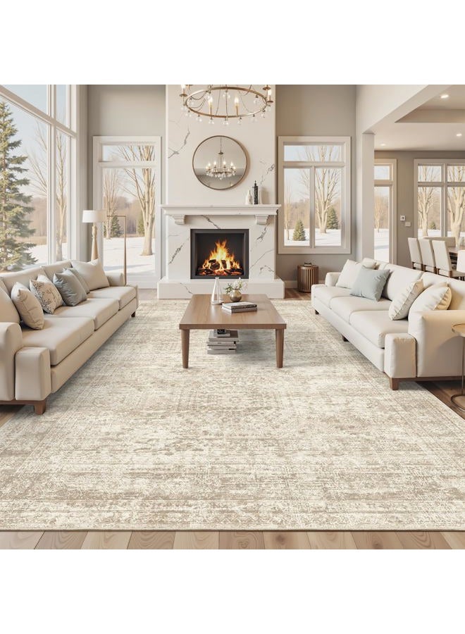 Soalmost 12x15 Washable Area Rug Beige Neutral Abstract Living Room Large Carpet Non Slip Bedroom Indoor Office Dining Room Low Pile Thin Rug - Image 1