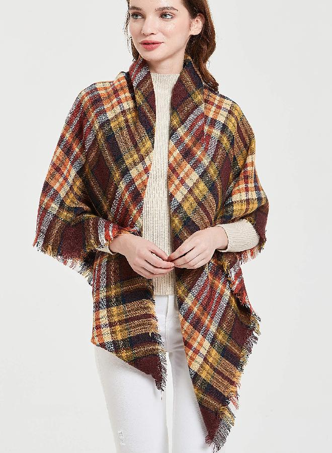 Wander Agio Womens Warm Blanket Scarf Square Shawls Infinity Scarves Stripe Big Plaid Brown 19 - Image 2