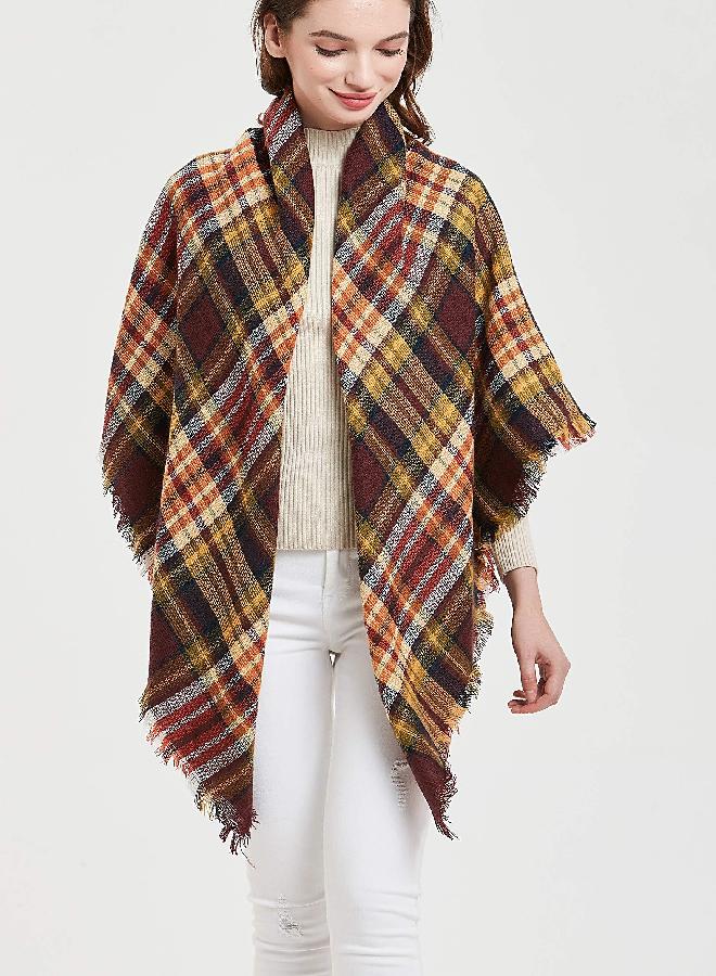 Wander Agio Womens Warm Blanket Scarf Square Shawls Infinity Scarves Stripe Big Plaid Brown 19 - Image 1