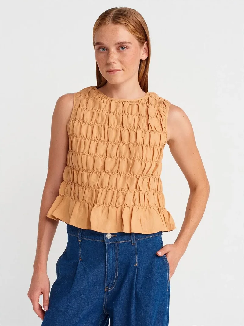 ديلفين Dilvin Women's Crop Blouse With Crew Neck And Buttons