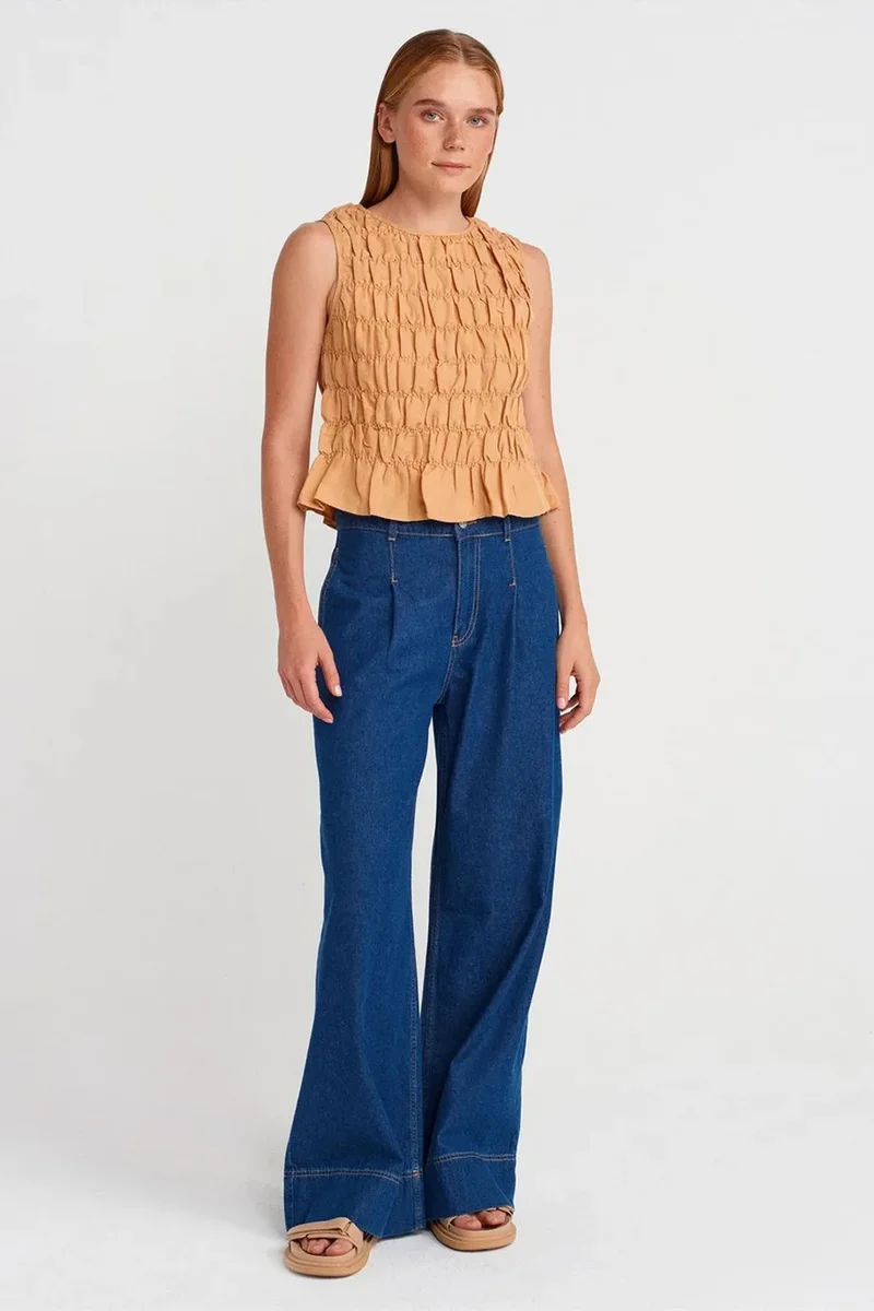 Dilvin Camel Brown DILVIN Women's Crop Blouse With Crew Neck And Buttons for Women | Best Price UAE
