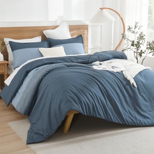 Litanika Haze Blue Comforter Set Full - 3 Pieces Lightweight Haze Blue White Colorblock Stripe Fluffy Bedding Comforter Sets, All Season Bed Set - Image 2