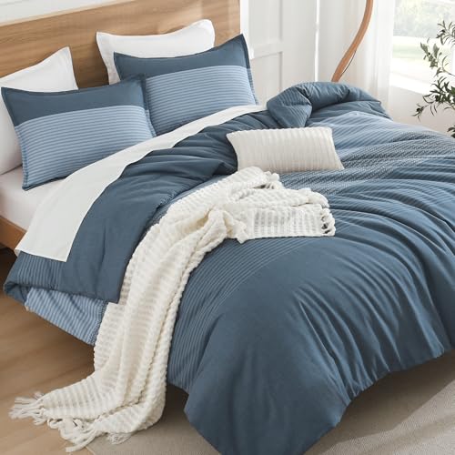 Litanika Haze Blue Comforter Set Full - 3 Pieces Lightweight Haze Blue White Colorblock Stripe Fluffy Bedding Comforter Sets, All Season Bed Set - Image 1