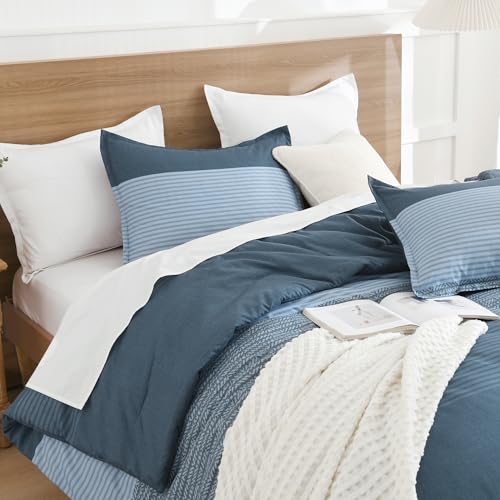 Litanika Haze Blue Comforter Set Full - 3 Pieces Lightweight Haze Blue White Colorblock Stripe Fluffy Bedding Comforter Sets, All Season Bed Set - Image 3