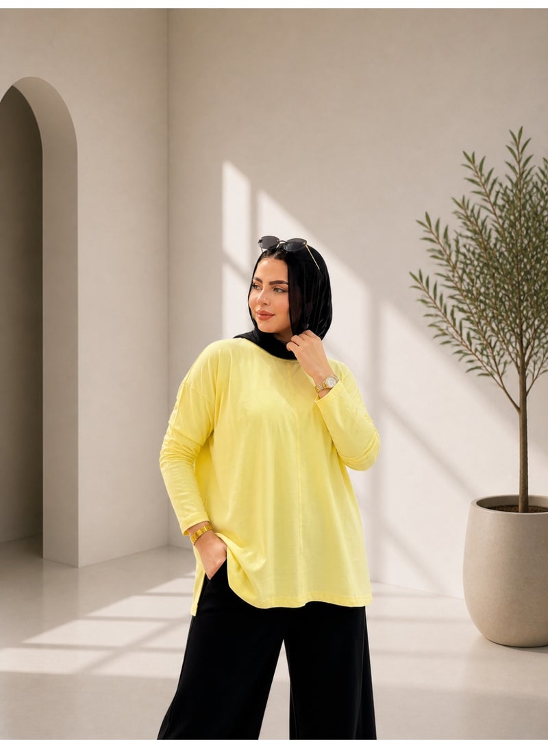 تيشيرت أوفر سايز بأكمام طويلة – ستايل عصري ومريح - اصفر - Image 1