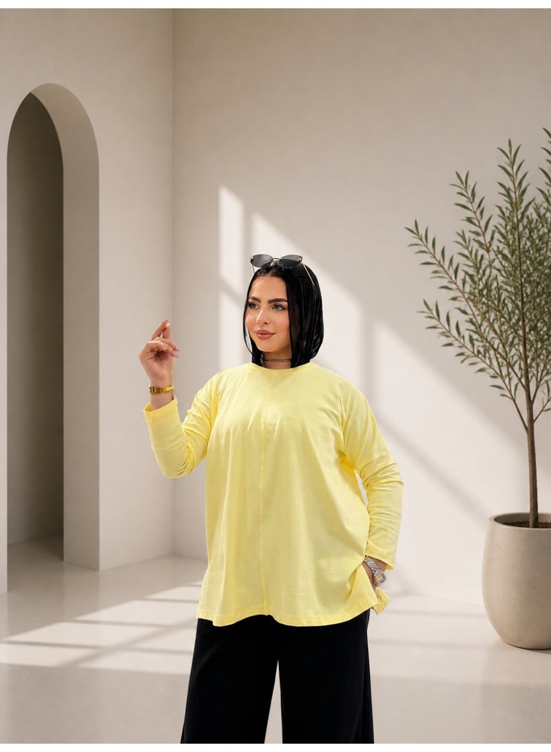 تيشيرت أوفر سايز بأكمام طويلة – ستايل عصري ومريح - اصفر - Image 2