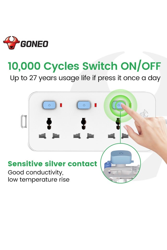 GONEO 3-Socket Power Strip with Individual Switches – 3M Extension Cord, Overload/Short-Circuit/Overheat Protection, Universal Plug – Ideal for Home & Office  - Image 4