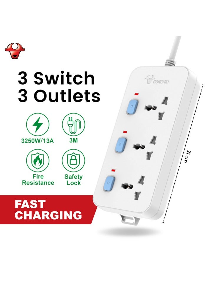 GONEO 3-Socket Power Strip with Individual Switches – 3M Extension Cord, Overload/Short-Circuit/Overheat Protection, Universal Plug – Ideal for Home & Office  - Image 2