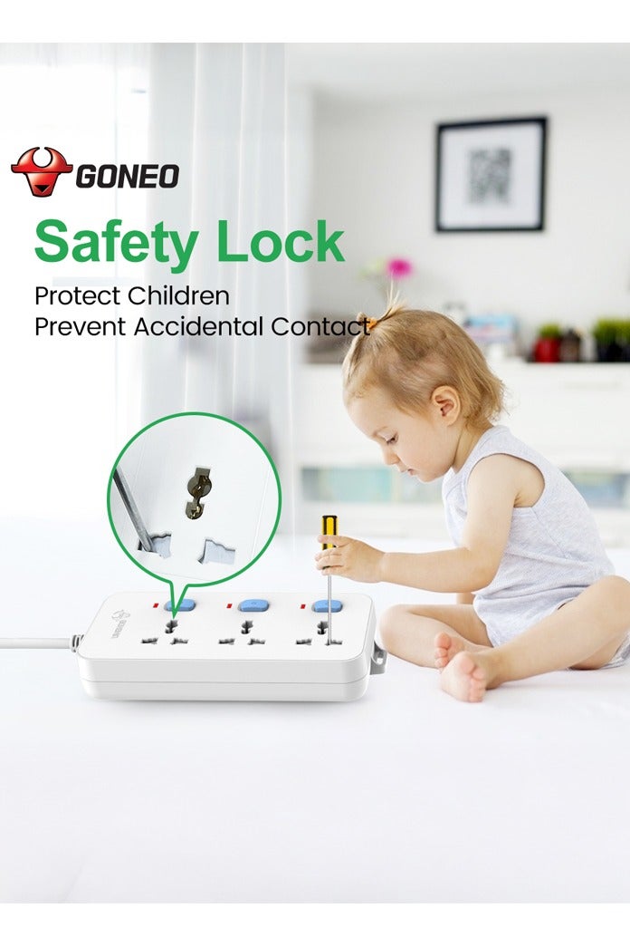 GONEO 3-Socket Power Strip with Individual Switches – 3M Extension Cord, Overload/Short-Circuit/Overheat Protection, Universal Plug – Ideal for Home & Office  - Image 3