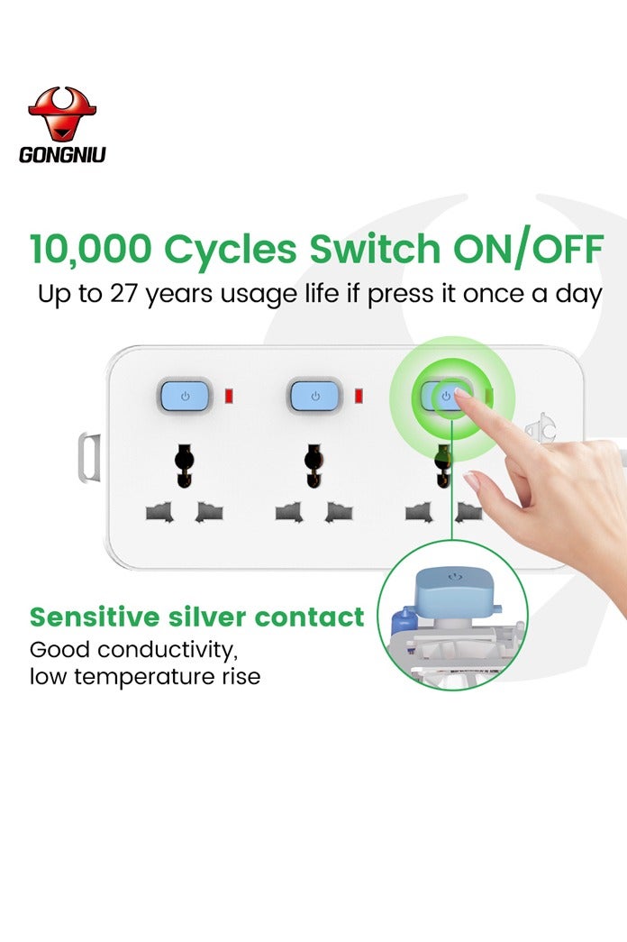 غونغنيو سلك تمديد كهربائي عالمي بطول 3 أمتار – مشترك متعدد المقابس، كابل تمديد مع واقي من زيادة التيار، تصميم للتثبيت على الحائط، جودة عالية - Image 4