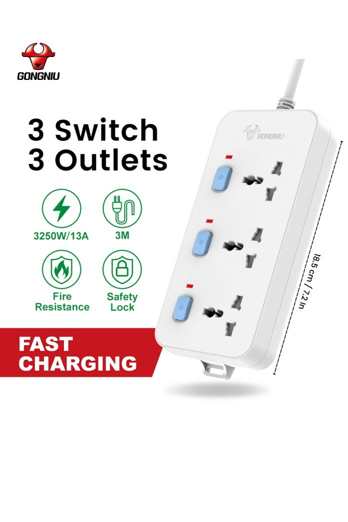 غونغنيو سلك تمديد كهربائي عالمي بطول 3 أمتار – مشترك متعدد المقابس، كابل تمديد مع واقي من زيادة التيار، تصميم للتثبيت على الحائط، جودة عالية - Image 2