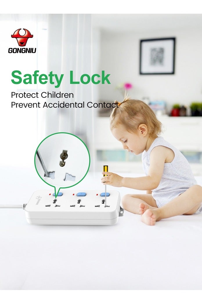 غونغنيو سلك تمديد كهربائي عالمي بطول 3 أمتار – مشترك متعدد المقابس، كابل تمديد مع واقي من زيادة التيار، تصميم للتثبيت على الحائط، جودة عالية - Image 3