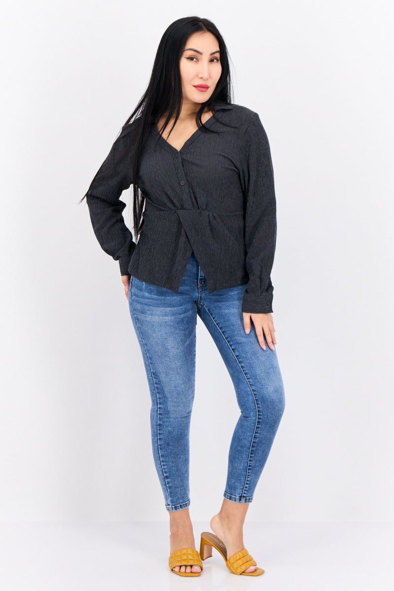 The Giving Movement Women Spread Collar Long Sleeve Textured Blouse, Grey - Image 4