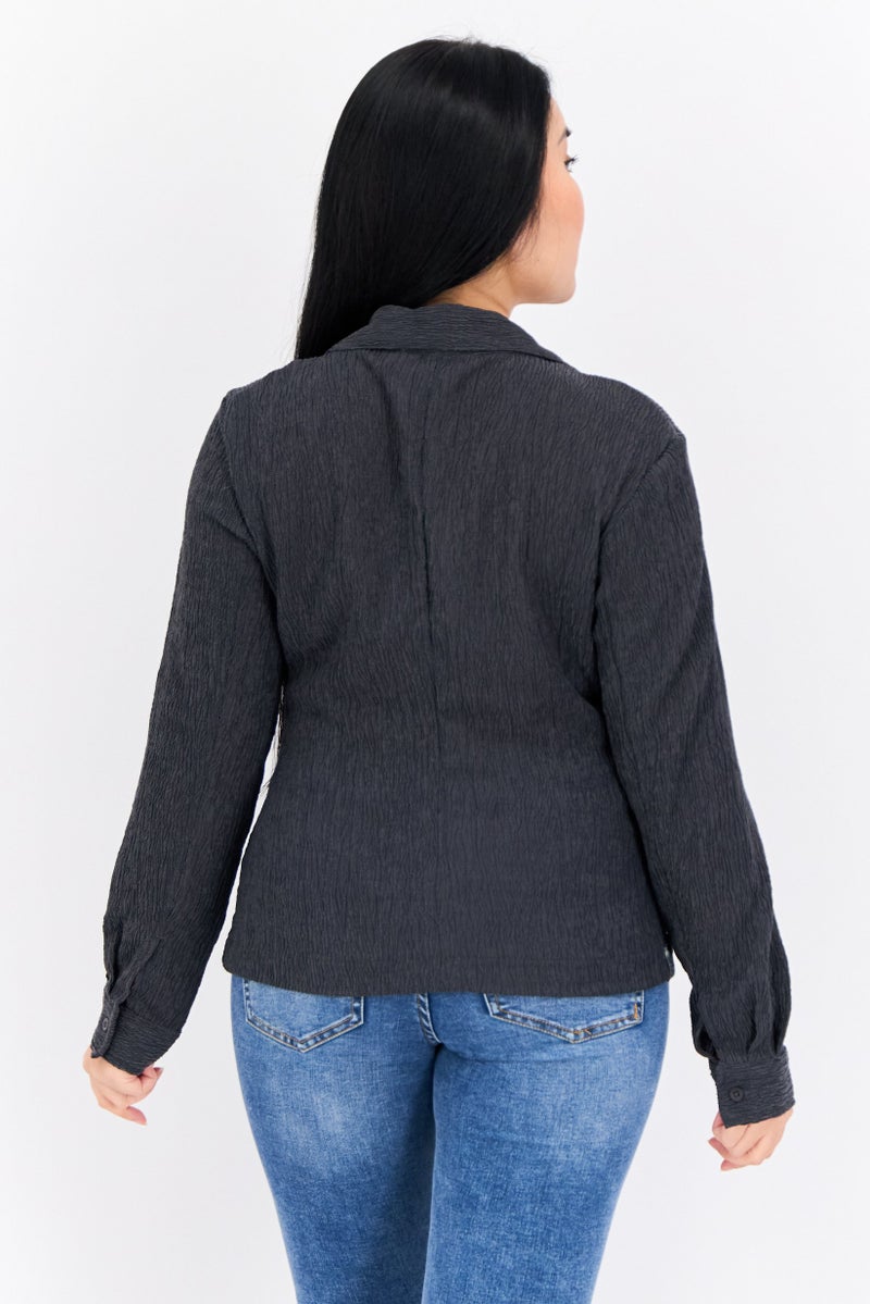 The Giving Movement Women Spread Collar Long Sleeve Textured Blouse, Grey - Image 3