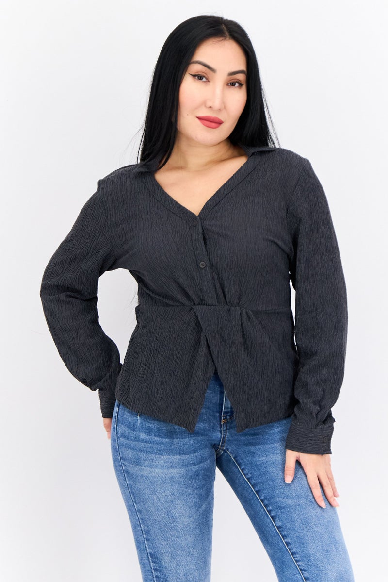 The Giving Movement Women Spread Collar Long Sleeve Textured Blouse, Grey - Image 1