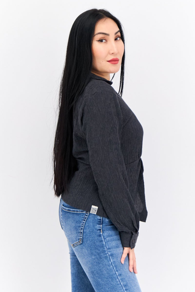 The Giving Movement Women Spread Collar Long Sleeve Textured Blouse, Grey - Image 2