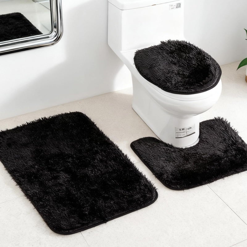 3 Piece Black Plush Bathroom Rug Set Non Slip Absorbent Polyester Mats Lid Cover - Image 4