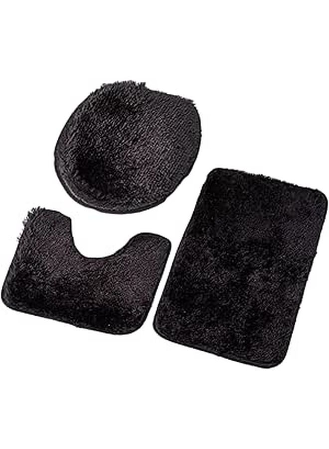 3 Piece Black Plush Bathroom Rug Set Non Slip Absorbent Polyester Mats Lid Cover - Image 1