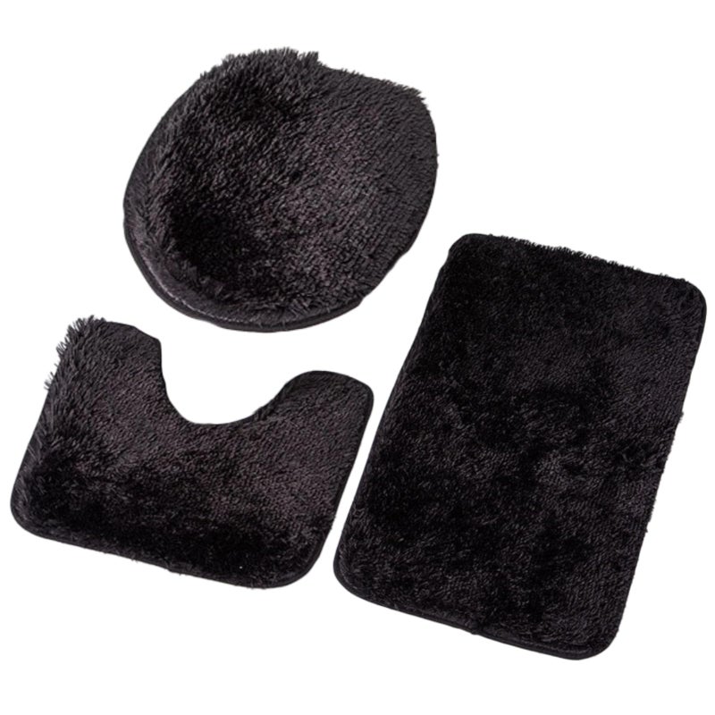 3 Piece Black Plush Bathroom Rug Set Non Slip Absorbent Polyester Mats Lid Cover - Image 2