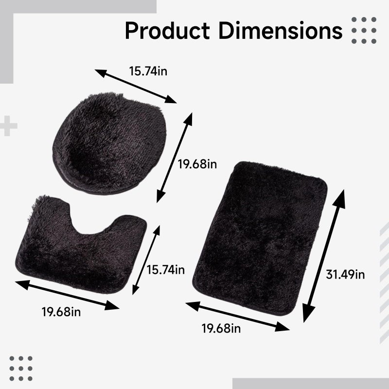 3 Piece Black Plush Bathroom Rug Set Non Slip Absorbent Polyester Mats Lid Cover - Image 5