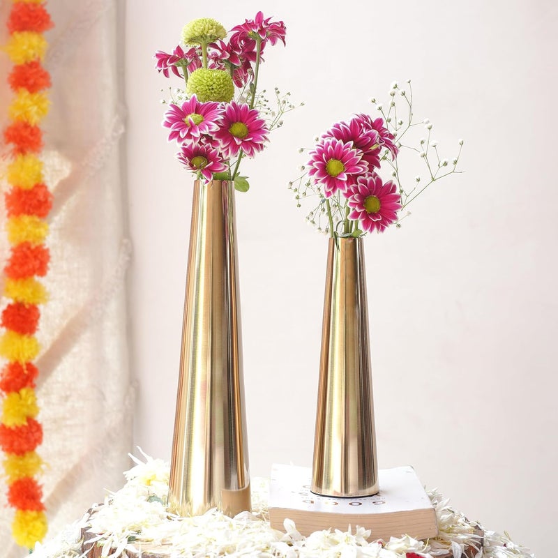 Behoma Golden Metal Slim Cone 8 106 Flower Vase for Home Decor Bedroom Living Room Office Wedding Table Decorative Item for Festivals Birthday Valentines Day Flower Not Included Set of 2 - Image 1