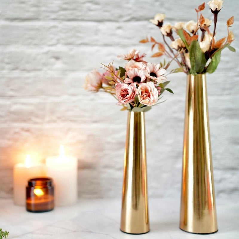 Behoma Golden Metal Slim Cone 8 106 Flower Vase for Home Decor Bedroom Living Room Office Wedding Table Decorative Item for Festivals Birthday Valentines Day Flower Not Included Set of 2 - Image 2
