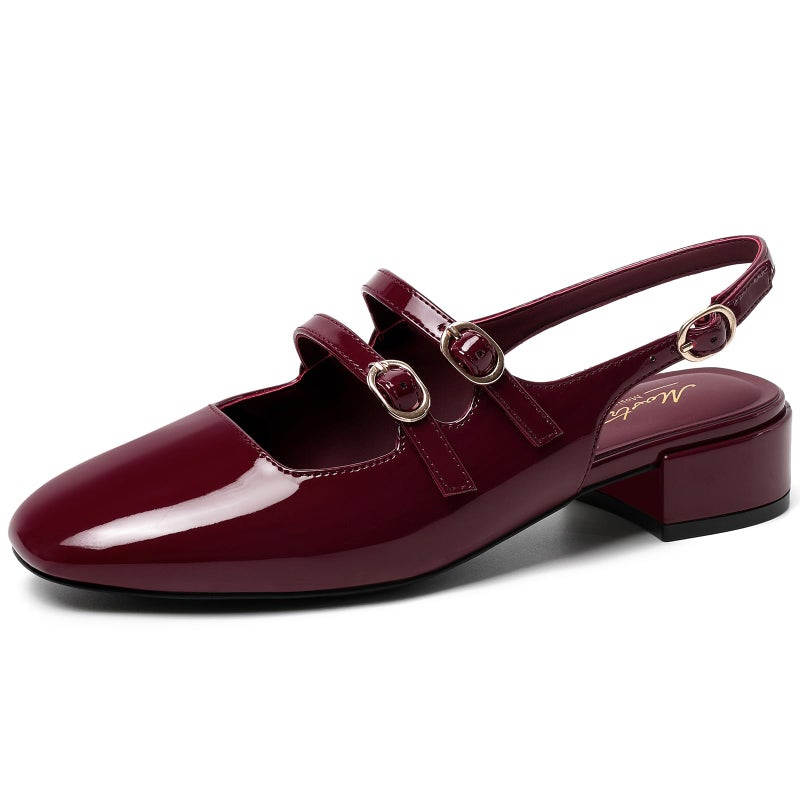 Mostrin Burgundy Mary Jane Shoes Women Slingback Chunky Low Heels for Women Closed Rounded Toe Ankle Strap Pumps Daily Wedding Party Dress Shoes Size 9 - Image 1