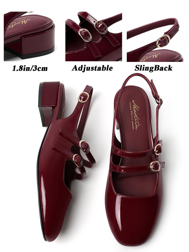 Mostrin Burgundy Mary Jane Shoes Women Slingback Chunky Low Heels for Women Closed Rounded Toe Ankle Strap Pumps Daily Wedding Party Dress Shoes Size 9 - Image 4