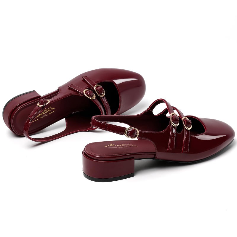 Mostrin Burgundy Mary Jane Shoes Women Slingback Chunky Low Heels for Women Closed Rounded Toe Ankle Strap Pumps Daily Wedding Party Dress Shoes Size 9 - Image 5